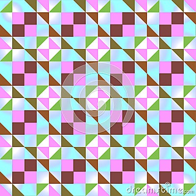 Seamless geometric pattern with colored triangles and squares on light blue background. Vector Illustration