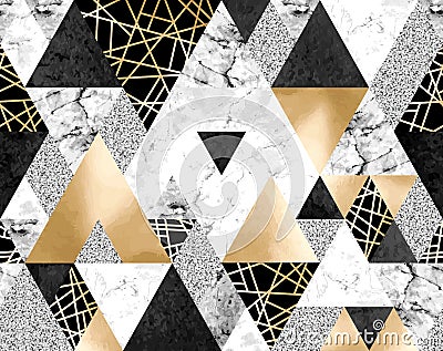 Seamless geometric pattern with gold metallic lines, silver glitter, black watercolor and gray marble triangles Vector Illustration