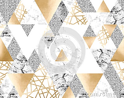 Seamless geometric pattern with gold metallic lines, silver glitter, gray and marble triangles Vector Illustration