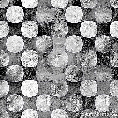 Seamless geometric pattern with grunge watercolor abstract circle and square black white gray shapes background Stock Photo