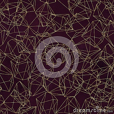 Seamless geometric pattern on maroon / burgundy background. Abstract gold polygonal geometric shapes / crystals Stock Photo