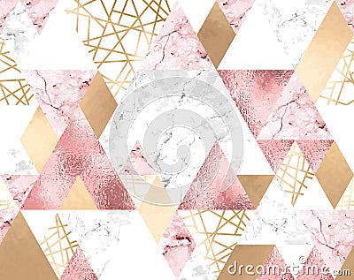 Seamless geometric pattern with metallic lines, rose gold, gray and pink marble triangles Vector Illustration