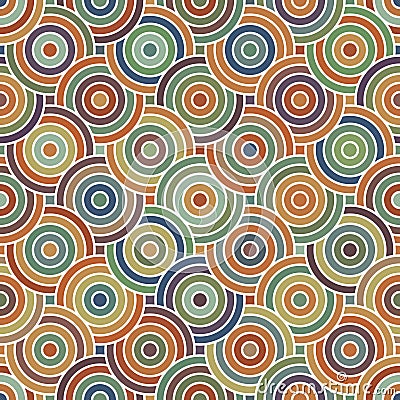 Seamless geometric pattern with Overlapping multicolored concentric circles on a white background. Retro style. Vector texture. Vector Illustration