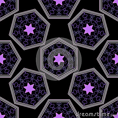 Seamless geometric pattern, purple hexagon with a star on a black background Vector Illustration