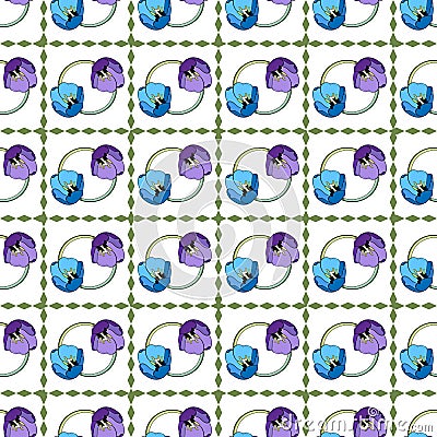 Seamless geometric pattern of square tiles separated by rhombus borders. Round elements of purple and blue tulips, white Vector Illustration