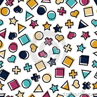 Seamless geometric pattern with squares, triangles, circles, stars, crosses and hearts for tissue and postcards. Vector Illustration