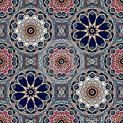 Seamless geometric pattern with stylized lotus and flowers mandalas. Indian, persian, moroccan motives. Vector Illustration