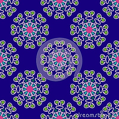 Seamless geometric pattern, unusual flowers on a blue background Vector Illustration