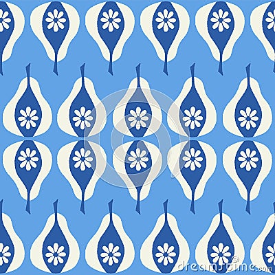 Seamless geometric repeat of hand drawn blue pears. A vector design of fresh fruit. Vector Illustration