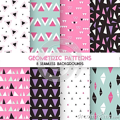 8 Seamless Geometric Triangles Patterns Vector Illustration