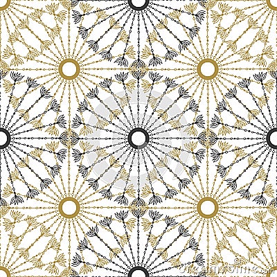 Seamless geometric vintage pattern. Vector black and gold circle retro texture. Vector Illustration