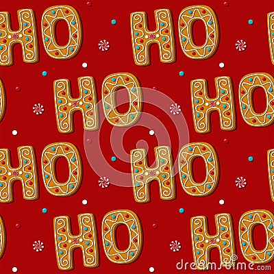 Seamless gingerbread HO phrase cookie. Pattern, red background Vector Illustration