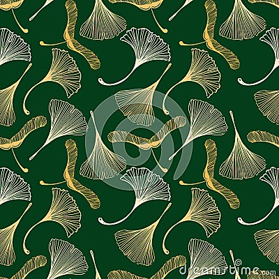 A seamless ginkgo and maple leaf pattern in sketch style. Orange leaves on a dark green background. Leaves in the Vector Illustration