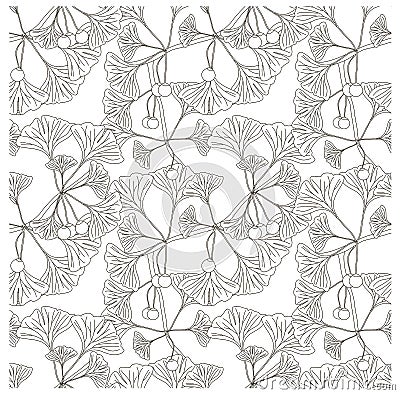 Seamless ginkgo monochrome pattern Vector Illustration