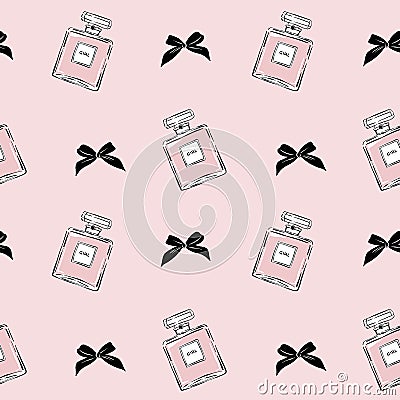 Seamless glamour pattern with cologne perfume and bows in hand drawn style. Fragrance bottle seamless pattern. Hand drawn perfumer Vector Illustration