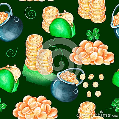 Seamless gold leprechaun pattern. Watercolor illustration. Isolated on a dark green background Cartoon Illustration