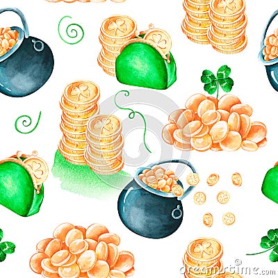 Seamless gold leprechaun pattern. Watercolor illustration. Isolated on a white background Cartoon Illustration