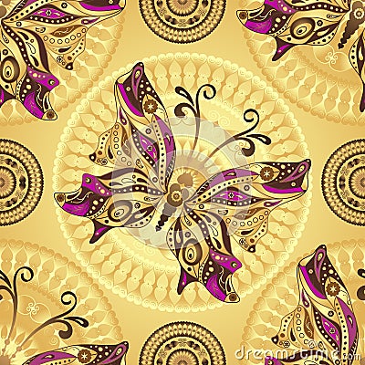 Seamless gold pattern with vintage butterflies Vector Illustration
