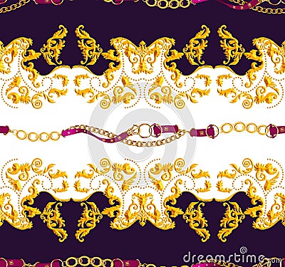 Seamless Golden Chains and Belts Pattern. Repeat Antique Decorative Baroque for Decor, Fabric, Prints, Textile. with Black and Whi Stock Photo