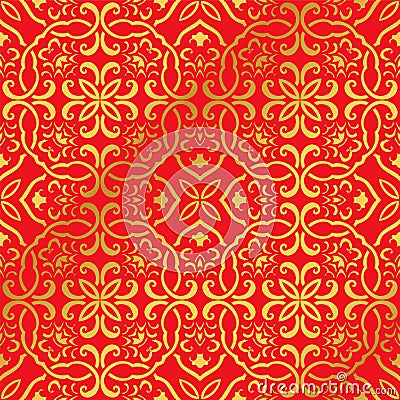 Seamless Golden Chinese Background Polygon Curve spiral Cross Chain Vector Illustration