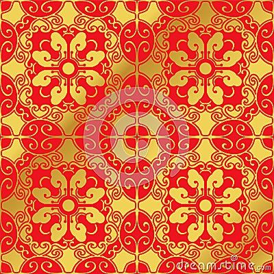 Seamless Golden Chinese Background Spiral Oval Polygon Cross Flower Vector Illustration