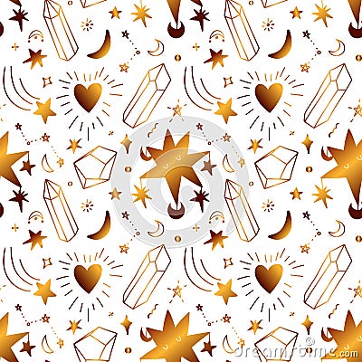 Seamless golden pattern with stars and crystals. Intense gold pattern with magical celestial elements Vector Illustration