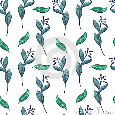 Seamless gouache pattern of blue flowers and green leaves Stock Photo