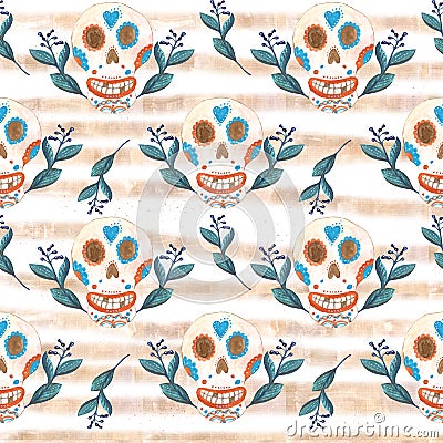 Seamless gouache pattern of mexican skulls and blue flowers with golden stripes Stock Photo