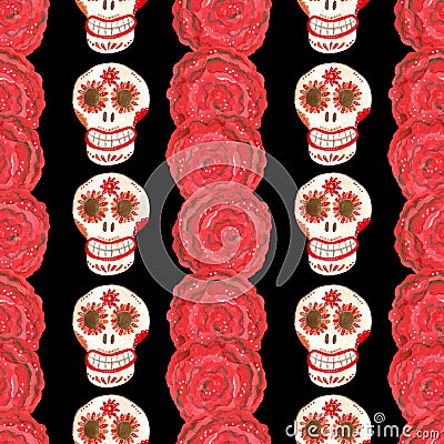 Seamless gouache pattern of mexican skulls and large red flowers black background Stock Photo
