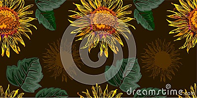 Seamless graphic, sun flower with green leaves on brown background,vector illustration Vector Illustration