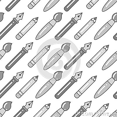 Seamless grayscale pattern with pens, brushes and pencils Vector Illustration