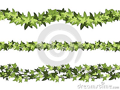 Seamless green ivy horizontal dividers. Botanical border, climbing vine and branch line cartoon vector set Vector Illustration