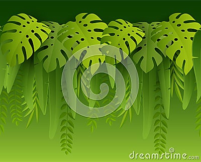 Hot Summer Tropical Leaves. Paper cut style. Monstera and palm leaf. Tropic border. Vector illustration Vector Illustration