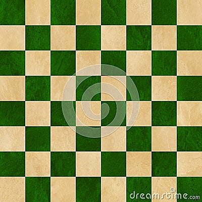 Green and tan checkered chess board background. Polished marbled stone textured squares. Seamless. Stock Photo