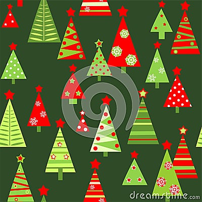 Seamless green wallpaper with funny cut out paper abstract green and red firs for Christmas greeting design. Flat style Vector Illustration