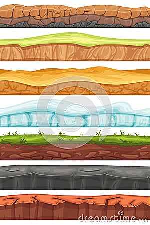 Seamless grounds. Cartoon land layers, grass field and foreground soils for game background vector set Vector Illustration