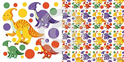 Seamless and group of cute dinosaurs isolated on white background Vector Illustration