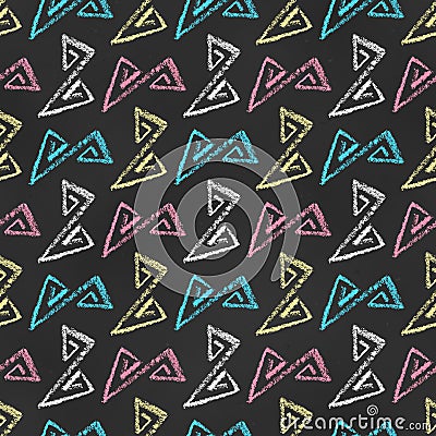 Seamless Grunge Pattern of Chalk Drawn Sketches Triangular Zigzag Scribbles on Chalkboard Backdrop. Abstract Linear Print Vector Illustration
