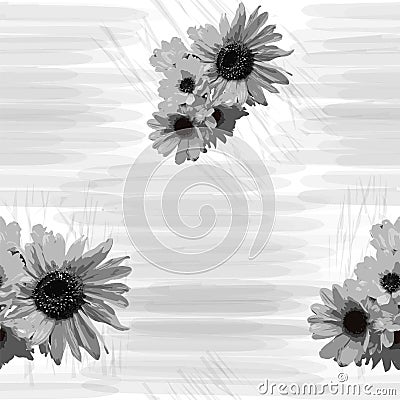 Seamless grunge striped pattern with sunflowers in black and white Vector Illustration