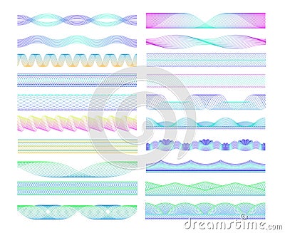 Seamless guilloche dividers. Colorful wave patterns and spirograph lines decorative elements vector set Vector Illustration