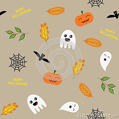 Seamless halloween background with ghosts, pumpkin, spider web and autumn leaves, in light brown, vector Vector Illustration