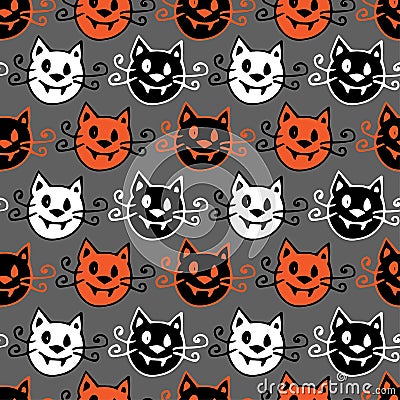 Seamless halloween background. Vector pattern with halloween vampire cats on grey background Vector Illustration