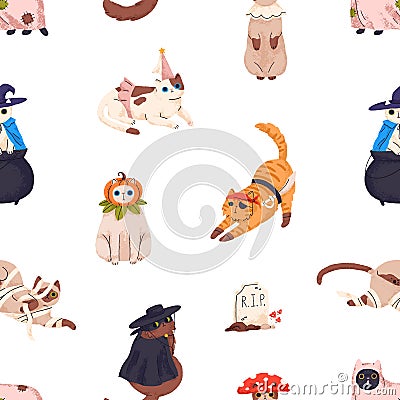 Seamless Halloween pattern with cute cats. Endless background with funny kitties in Helloween costumes repeating print Vector Illustration