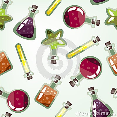 Seamless halloween pattern with a different potion bottles Vector Illustration