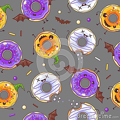 Seamless halloween pattern with funny kawaii sweet spooky donuts. Halloween background. Vector Illustration