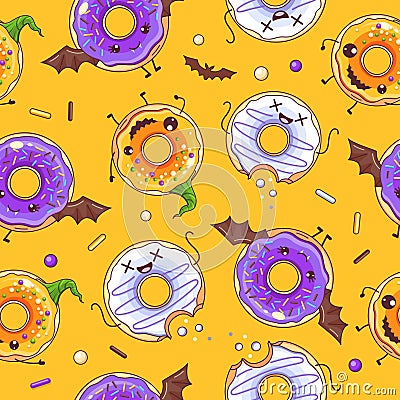 Seamless halloween pattern with funny kawaii sweet spooky donuts. Halloween background. Vector Illustration