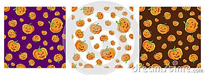 seamless halloween pattern set with cartoon cute and funny pumpkins on various backdrop. halloween background with evil pumpkin. Cartoon Illustration