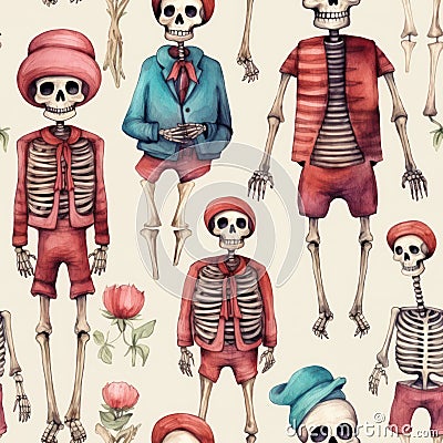 Seamless Halloween pattern with set of funny skeletons Stock Photo