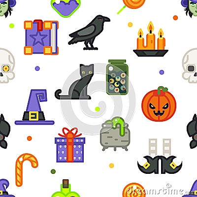 Seamless halloween pattern witch magic candies gifts icons set flat design line art vector illustration Vector Illustration