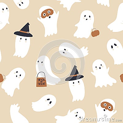 Seamless halloween texture with cute ghosts. Ghost vector pattern Stock Photo